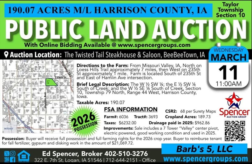 190.07 acres m/l Taylor Township Harrison Co IA Land Auction