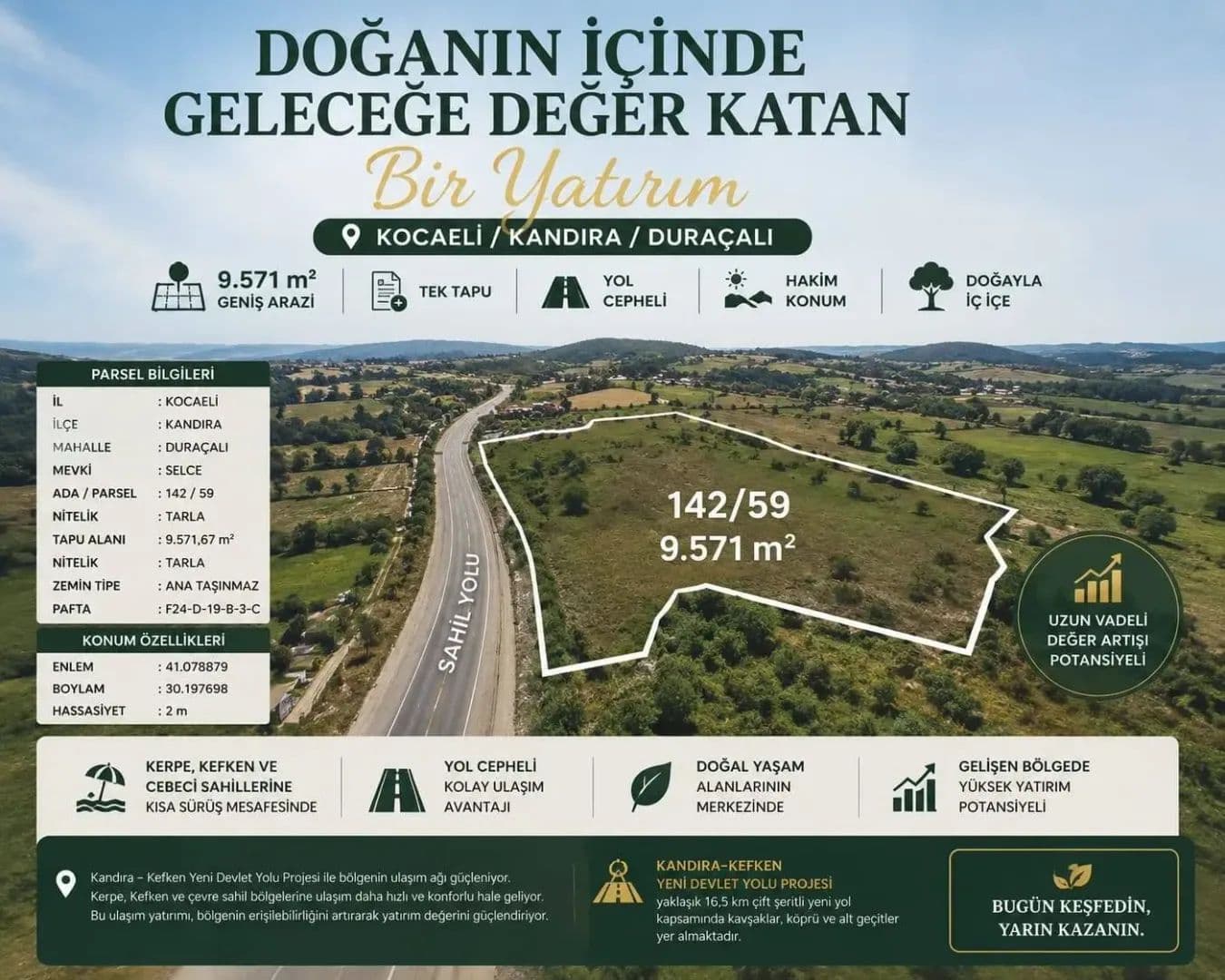 KANDIRA'DA 9.571m² SATILIK TARLA KERPE GELİŞİM AKSINDA TEK TAPU - Turkey